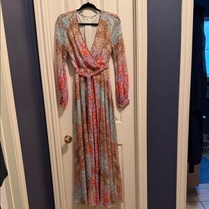 Gianni Bini Coral and Light Blue Floral Wrap Maxi Dress